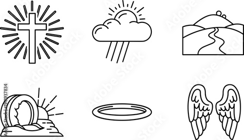 Collection of religious and spiritual symbols in a minimalist line art style