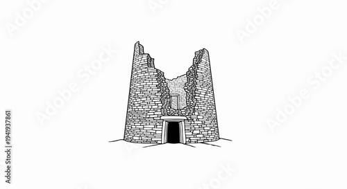 A detailed sketch of a crumbling stone tower with a doorway