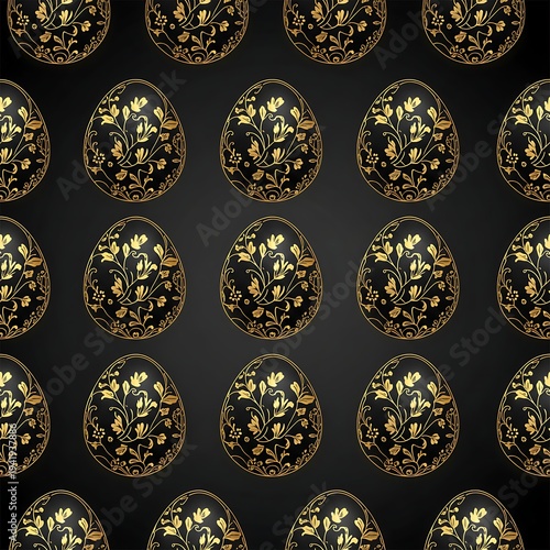 Matte Black Easter Eggs with Gold Floral Foil Seamless Luxury Pattern
