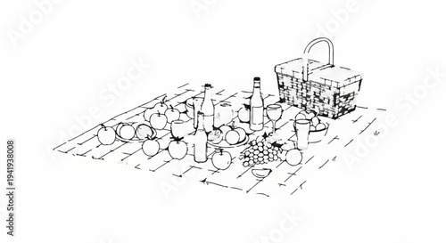 A hand-drawn sketch of a picnic spread with a basket, fruits, bottles, and glasses