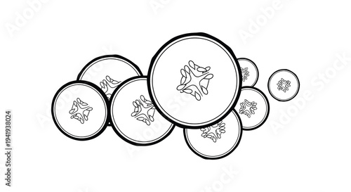 Sliced cucumbers arranged in a scattered composition presented as a minimalist black outline silhouette high quality