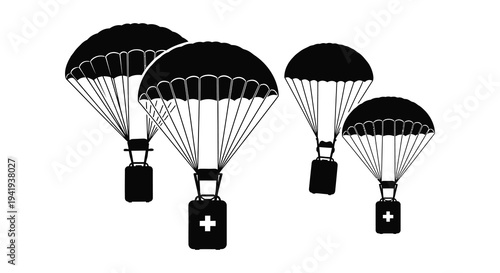 Four cargo parachutes descend against a white background showcasing a striking black silhouette high quality professional