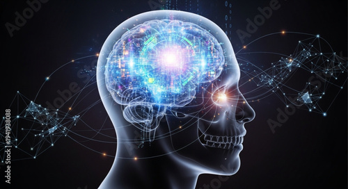 Digital Illustration of Human Brain with Neural Network.