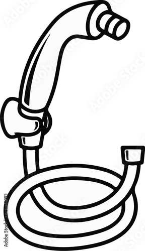A simple black and white outline drawing of a flexible shower hose and spray nozzle