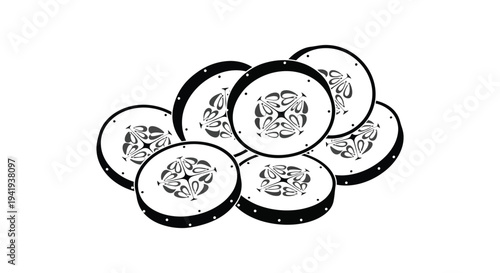 A cluster of sliced cucumbers presented in a striking black and white silhouette high quality professional detailed modern
