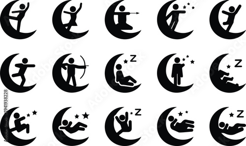 Set of 15 sleeping icons vector, moon and people silhouettes