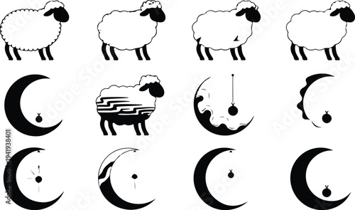 Set of 12 sheep and crescent moon icons vector