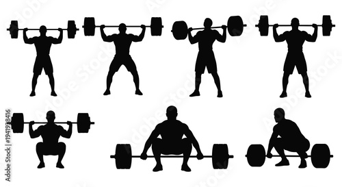 A series of black silhouettes depicting men performing various weightlifting exercises showcasing strength and fitness silhouette