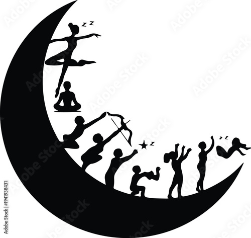 Vector silhouette of people exercising on crescent moon