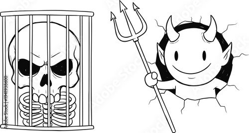 Cartoon skull behind prison bars and devil character with trident breaking wall, spooky fantasy illustration for Halloween, horror themes, and creative commercial design projects