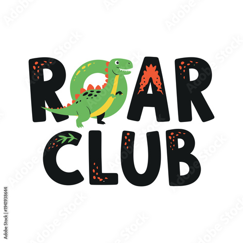 A cartoon dinosaur standing on a club logo with bold letters and colorful design tshirt design