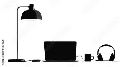 Remote work equipment silhouettes digital workspace objects
