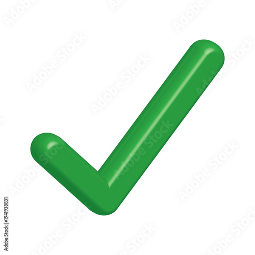 3D Green Checkmark Vector Icon; Glossy Shiny Tick for Success, Approved, and Verified Status. Modern Rounded Plastic Symbol Isolated on White Background for Web, Apps, UI and Graphic Design.