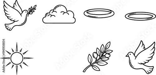 Set of line art icons representing peace, hope, and spirituality with doves and olive branches