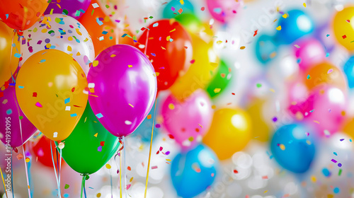 Colorful balloons of different shapes and sizes are floating against a blurred blue background with scattered confetti, enhancing the festive look