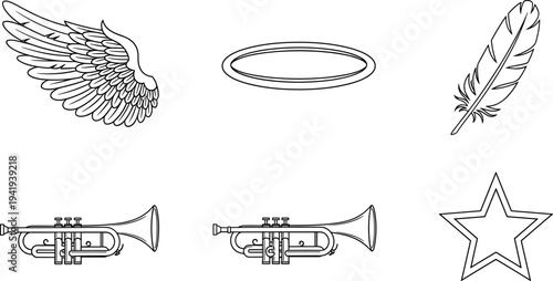 Collection of celestial and musical icons: wing, halo, feather, trumpets, and star