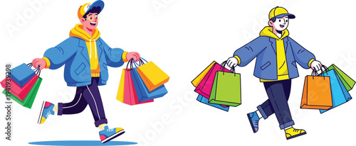 Happy Young Man Shopping with Colorful Bags Flat Vector Illustration