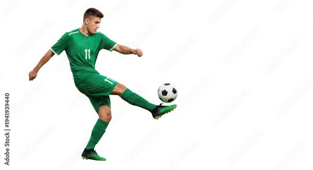 Obraz premium A soccer player in green uniform kicking a soccer ball