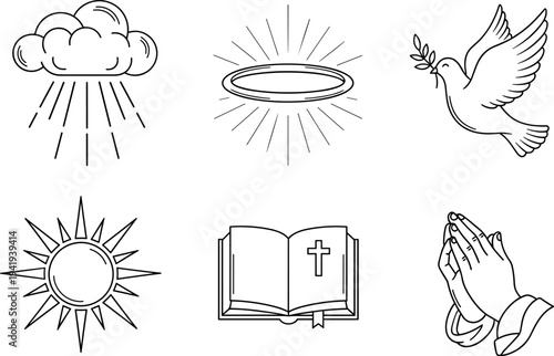 Collection of religious and spiritual symbols in a clean line art style