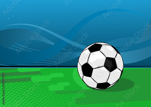 Soccer ball on field, sports banner vector illustration