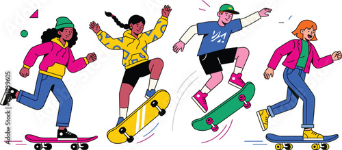 Trendy flat vector illustration of diverse teenagers riding skateboards and performing tricks in urban style