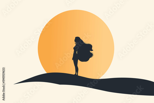 Artistic vector illustration of a girl silhouette dancing on a beach at sunset with nature elements and a sun design