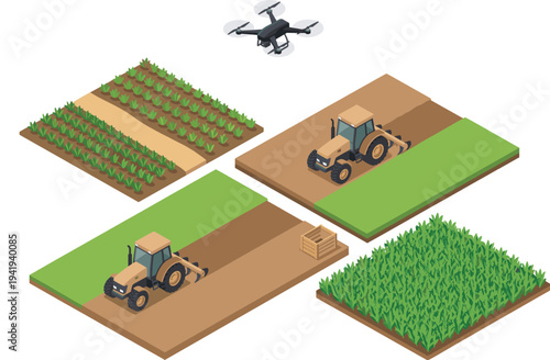 Isometric vector illustration of smart farming with tractors plowing fields, crops, and agricultural drone technology