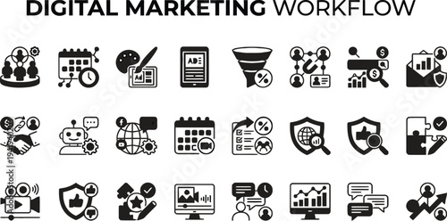 Digital Marketing Workflow Icon Set for Business Strategy Social Media Advertising and Content Management 4k
