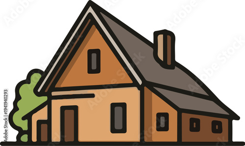 A simple, brown-toned cartoon house with a prominent roof and chimney