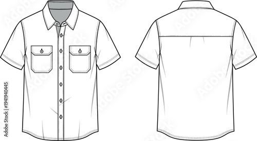 Technical flat sketch of a men's short sleeve button down work shirt with double chest pockets and back yoke detail.