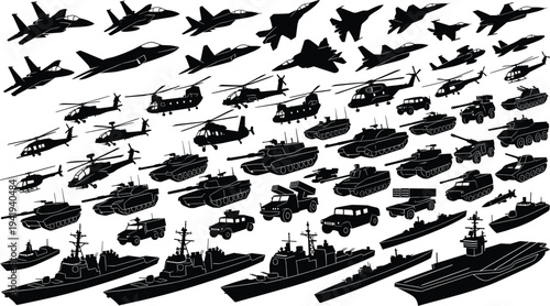Military silhouette vector set, featuring fighter jets, tanks, helicopters, warships, and armored combat vehicles,