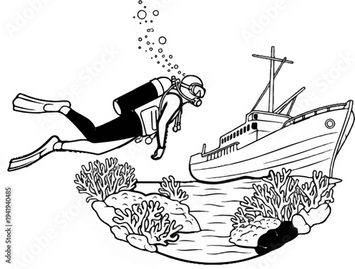 A diver explores a sunken vessel amidst vibrant coral reefs underwater