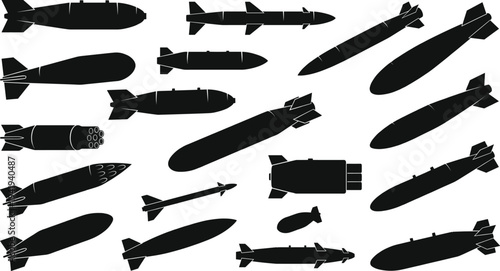 Military missile and bomb silhouette set, featuring aerial torpedoes, tactical rockets, and explosive warhead vector illustrations,