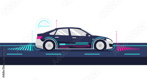 Futuristic car design with advanced technology features and digital elements