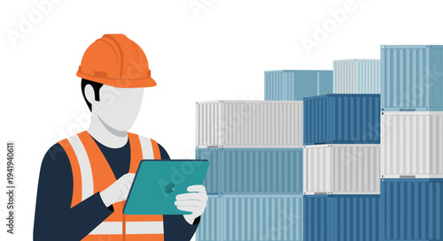 Logistics worker with tablet in front of shipping containers