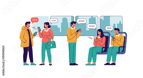 People interacting on smartphones in urban commuter setting with speech bubbles
