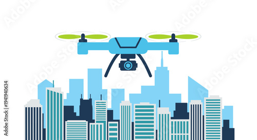 Modern drone flying over cityscape with skyscrapers in background