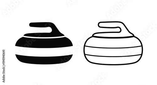 Two curling stones depicted in a bold graphic silhouette