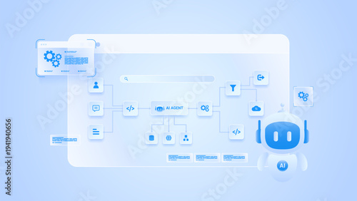 AI workflow automation artificial intelligence. ai agent workflow diagram dashboard machine learning with node input, process flow, data flow, cloud and automation flow.