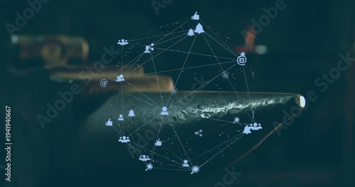 Holographic network sphere rotating and defining as ember sparking nodes, revealing links over tool