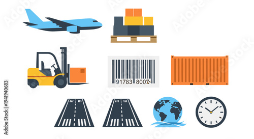 Logistics icons set: flat style doodles of transport, packaging, and delivery elements