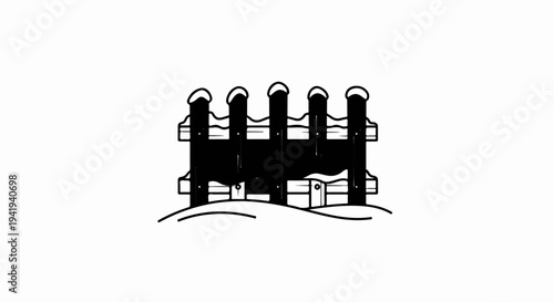 A simple black and white illustration of a wooden fence covered in snow