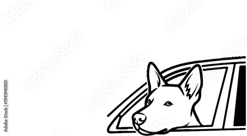 A dog's head peeks out of a car window, wind blowing its fur