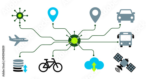 Connected mobility network with modern transportation icons
