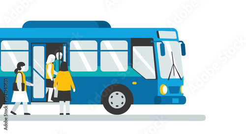 People boarding a blue public bus in flat design style