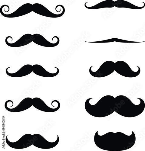 Collection of various black mustache silhouettes featuring handlebar curly vintage and gentleman styles isolated on white background for barber shop and movember design