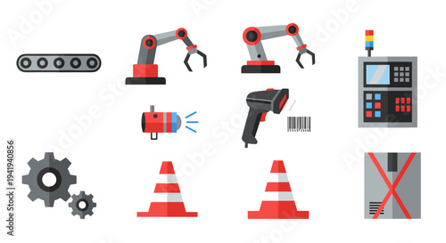 Flat icons of industrial automation: robots, machinery, and tools