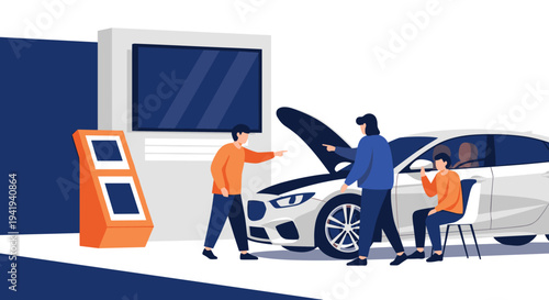 Modern car maintenance scene with digital interaction in minimalist style