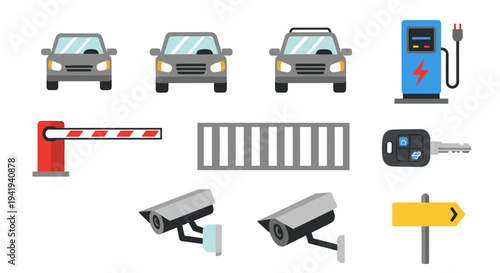 Flat car icons set featuring vehicles, security cameras, and gas pump