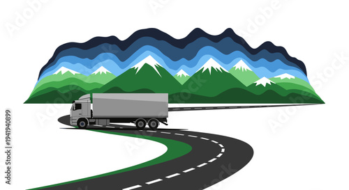 Modern truck on curved road with mountain backdrop in minimalist design